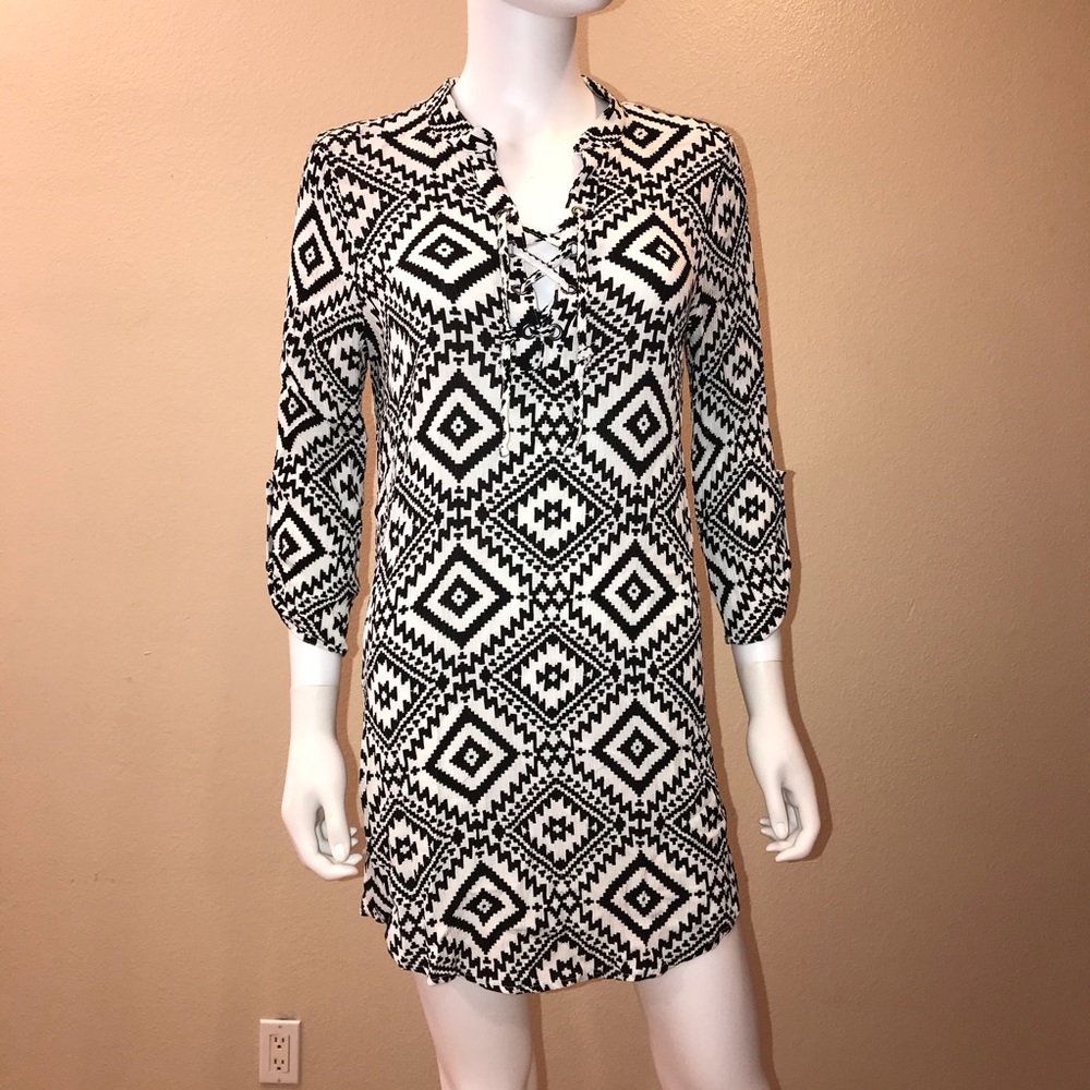 Almost Famous Lace Up Mini Dress Size Large Junior Black White Tunic Festival